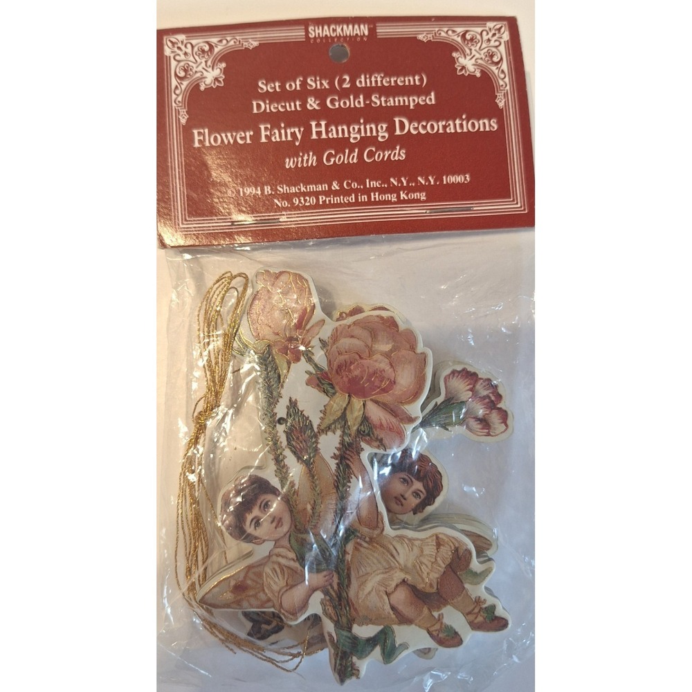 Vtg 1994 Shackman Flower Fairy Hanging Decorations Set of 6 Gold Stamped 9320